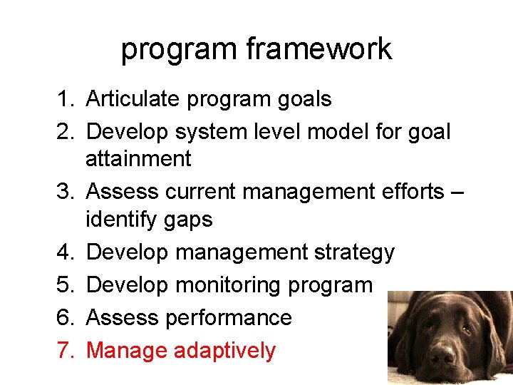 program framework 1. Articulate program goals 2. Develop system level model for goal attainment