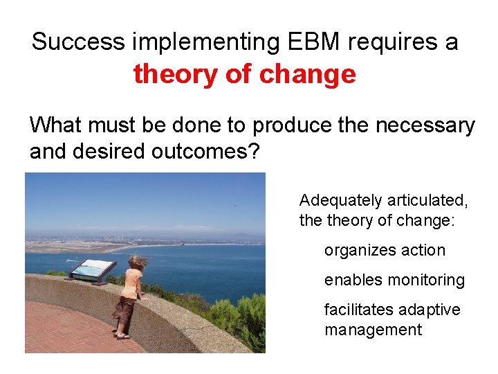 Success implementing EBM requires a theory of change What must be done to produce