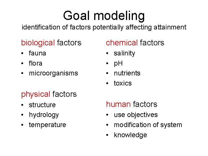 Goal modeling identification of factors potentially affecting attainment biological factors chemical factors • fauna