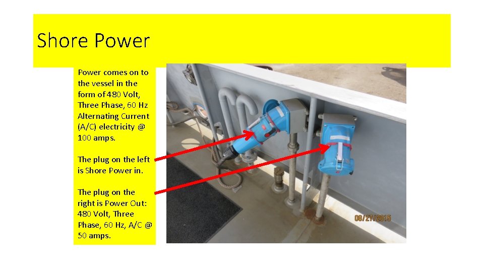 Shore Power comes on to the vessel in the form of 480 Volt, Three Shore Power comes on to the vessel in the form of 480 Volt, Three