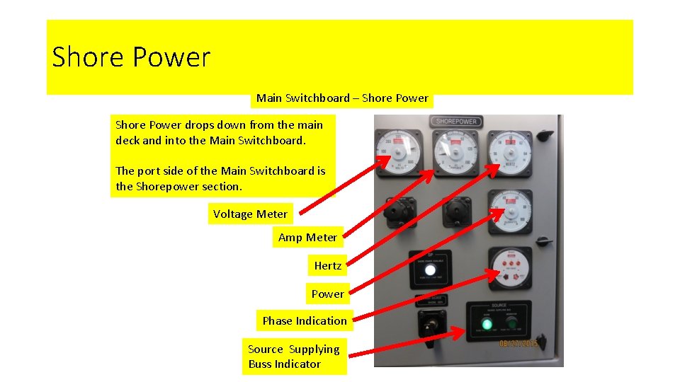 Shore Power Main Switchboard – Shore Power drops down from the main deck and