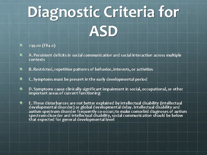 Diagnostic Criteria for ASD 299. 00 (F 84. 0) A. Persistent deficits in social