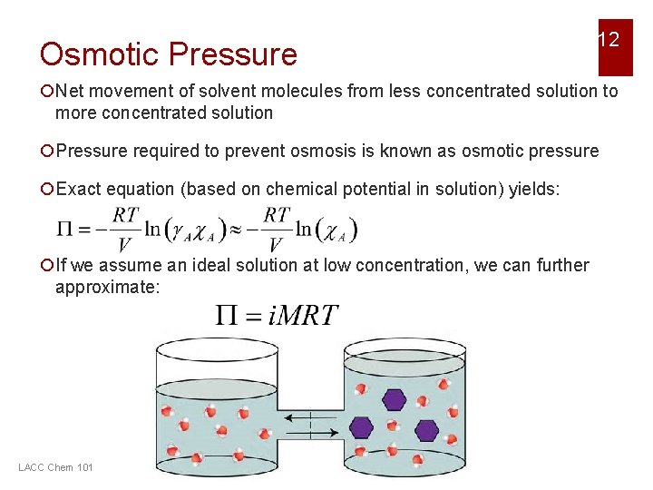 Osmotic Pressure 12 ¡Net movement of solvent molecules from less concentrated solution to more