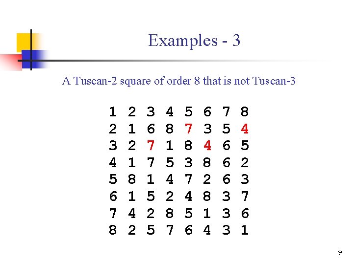 Examples - 3 A Tuscan-2 square of order 8 that is not Tuscan-3 1