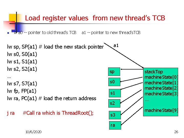 Load register values from new thread’s TCB n lw lw … lw lw lw