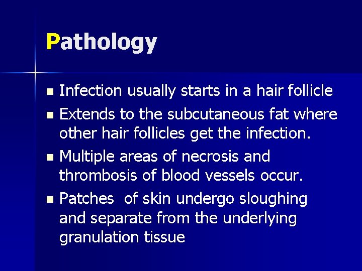 Pathology Infection usually starts in a hair follicle n Extends to the subcutaneous fat