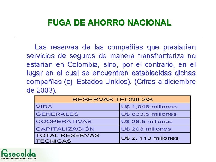 FUGA DE AHORRO NACIONAL Las reservas de las compañías que prestarían servicios de seguros
