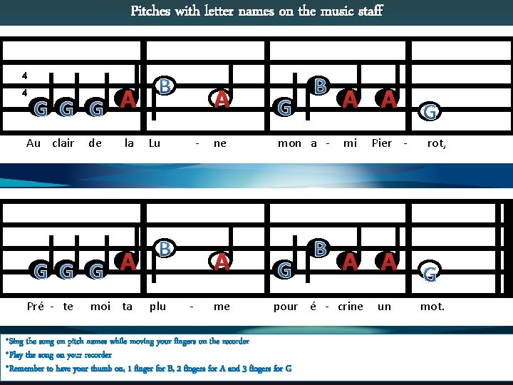 Pitches with letter names on the music staff 4 4 Au clair A de