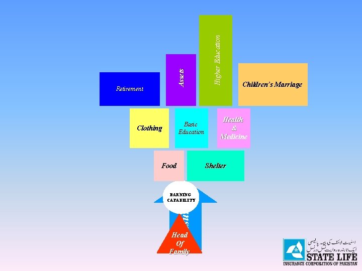 Basic Education Clothing Food Higher Education Assets Retirement Health & Medicine Shelter Insurer EARNING