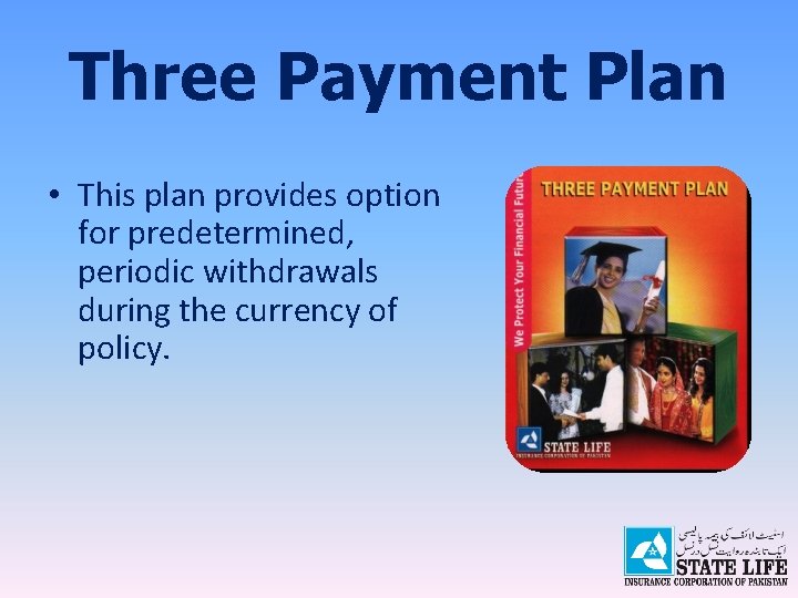 Three Payment Plan • This plan provides option for predetermined, periodic withdrawals during the