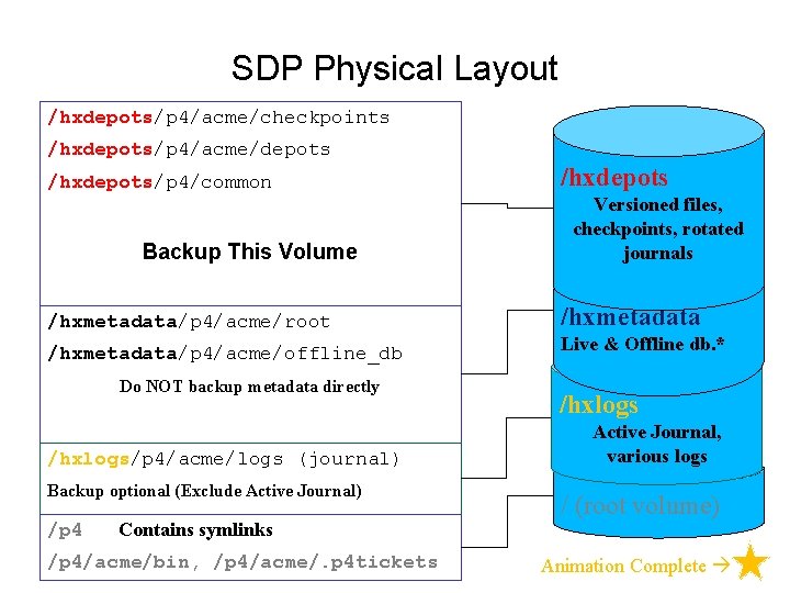 SDP Physical Layout /hxdepots/p 4/acme/checkpoints /hxdepots/p 4/acme/depots /hxdepots/p 4/common Backup This Volume /hxmetadata/p 4/acme/root