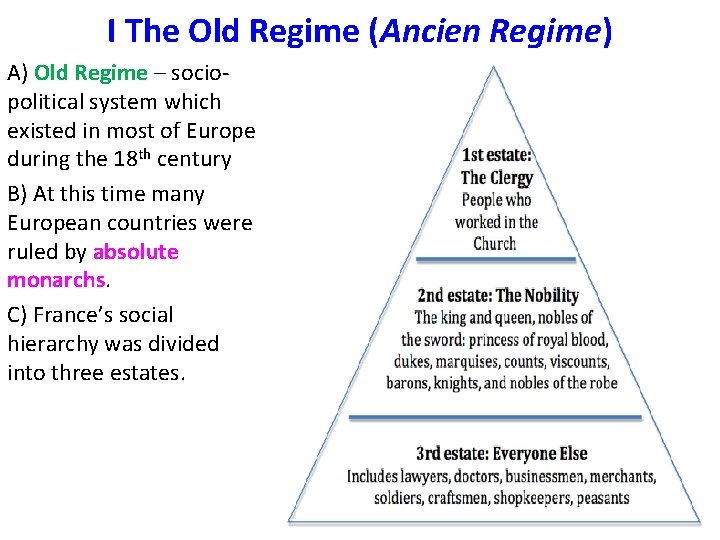 I The Old Regime (Ancien Regime) A) Old Regime – sociopolitical system which existed