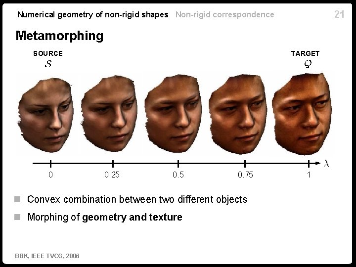 21 Numerical geometry of non-rigid shapes Non-rigid correspondence Metamorphing SOURCE 0 TARGET 0. 25