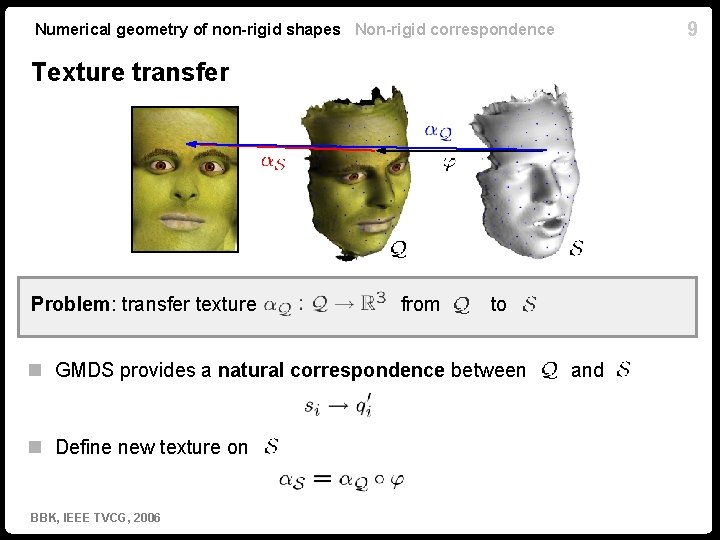 9 Numerical geometry of non-rigid shapes Non-rigid correspondence Texture transfer Problem: transfer texture from