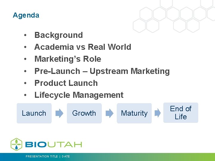 Agenda • • • Background Academia vs Real World Marketing’s Role Pre-Launch – Upstream