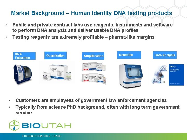 Market Background – Human Identity DNA testing products • Public and private contract labs