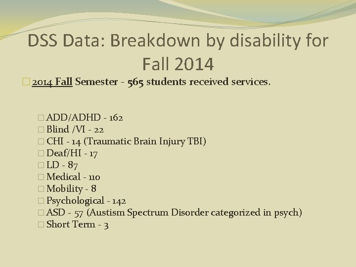 DSS Data: Breakdown by disability for Fall 2014 � 2014 Fall Semester - 565