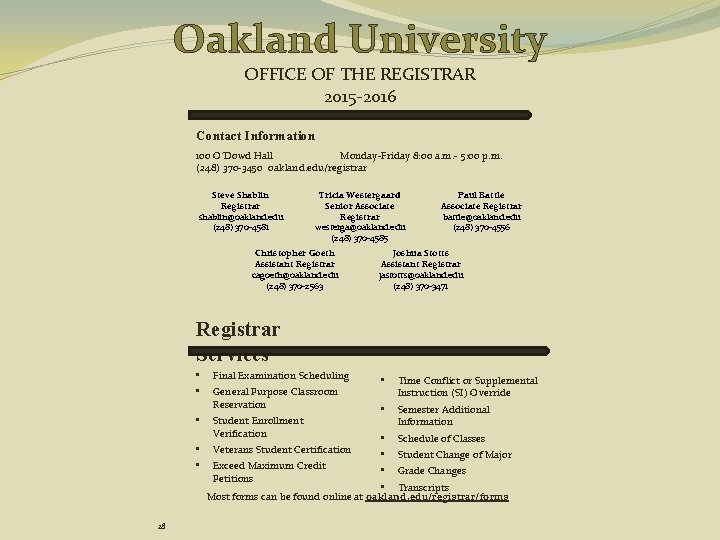 Oakland University OFFICE OF THE REGISTRAR 2015 -2016 Contact Information 100 O’Dowd Hall Monday-Friday