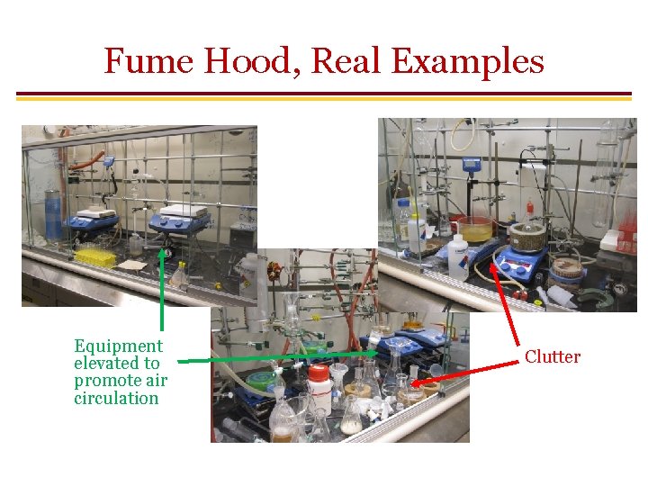 Fume Hood, Real Examples Equipment elevated to promote air circulation Clutter 