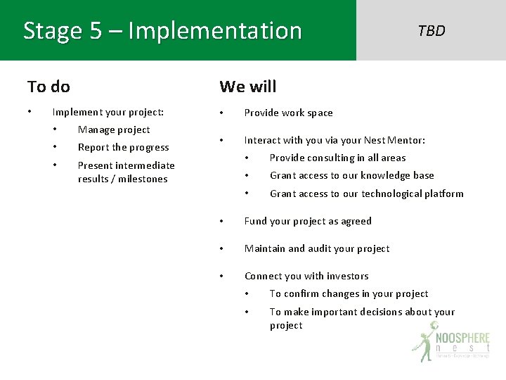 Stage 5 – Implementation To do • TBD We will Implement your project: •