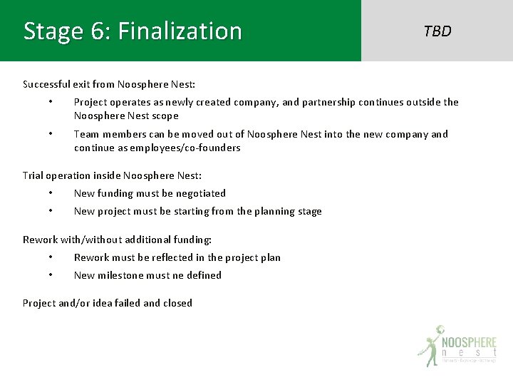 Stage 6: Finalization TBD Successful exit from Noosphere Nest: • Project operates as newly