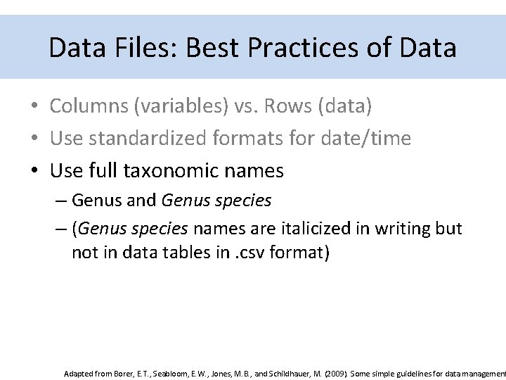 Best for Practices Data Organization Data. Practices Files: Best of Data • Columns (variables)