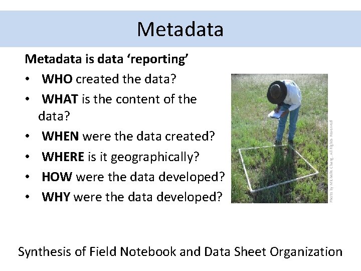 Metadata is data ‘reporting’ • WHO created the data? • WHAT is the content