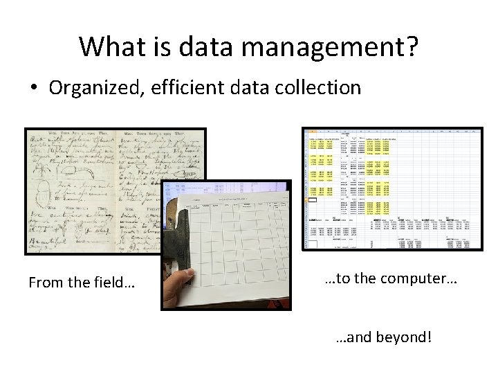 What is data management? • Organized, efficient data collection From the field… …to the