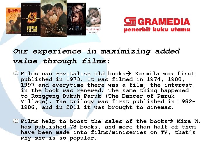 Our experience in maximizing added value through films: Films can revitalize old books Karmila