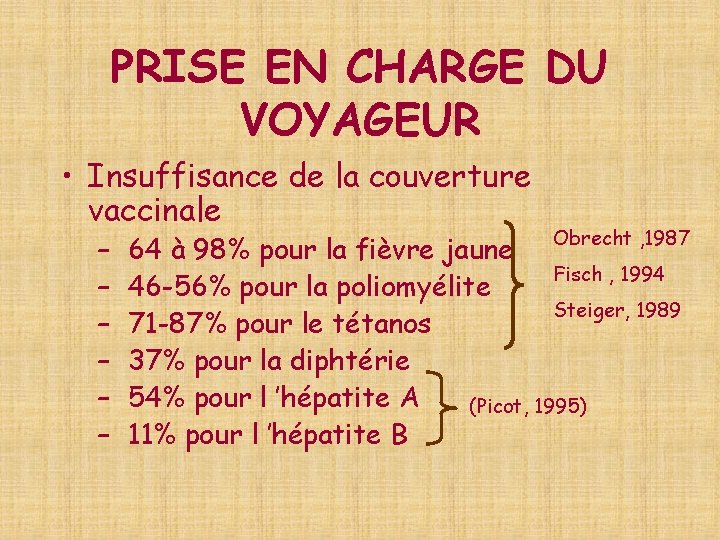 PRISE EN CHARGE DU VOYAGEUR • Insuffisance de la couverture vaccinale – – –