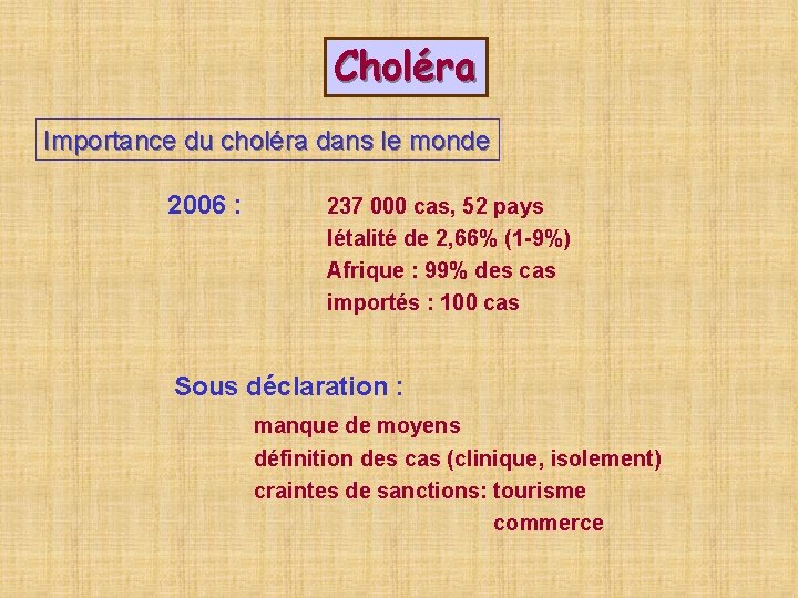 Choléra Importance du choléra dans le monde 2006 : 237 000 cas, 52 pays