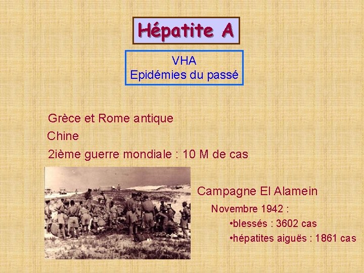 Hépatite A VHA Epidémies du passé Grèce et Rome antique Chine 2 ième guerre