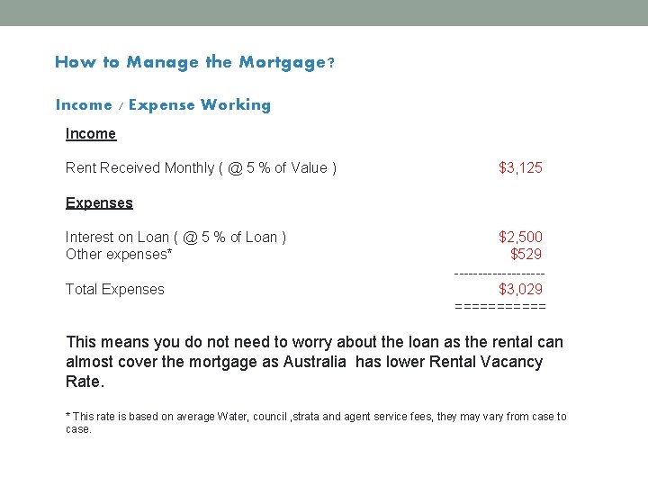 How to Manage the Mortgage? Income / Expense Working Income Rent Received Monthly (
