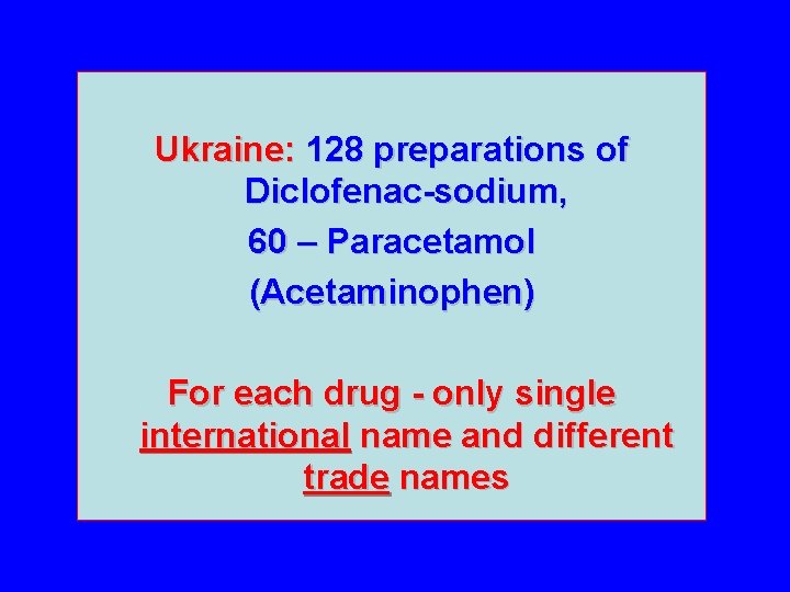 Ukraine: 128 preparations of Diclofenac-sodium, 60 – Paracetamol (Acetaminophen) For each drug - only