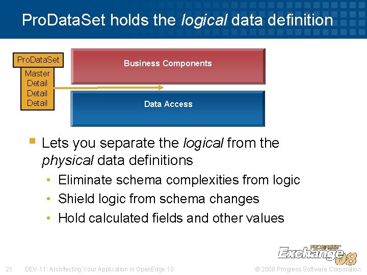 Pro. Data. Set holds the logical data definition Pro. Data. Set Business Components Master