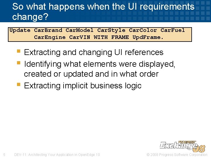 So what happens when the UI requirements change? Update Car. Brand Car. Model Car.