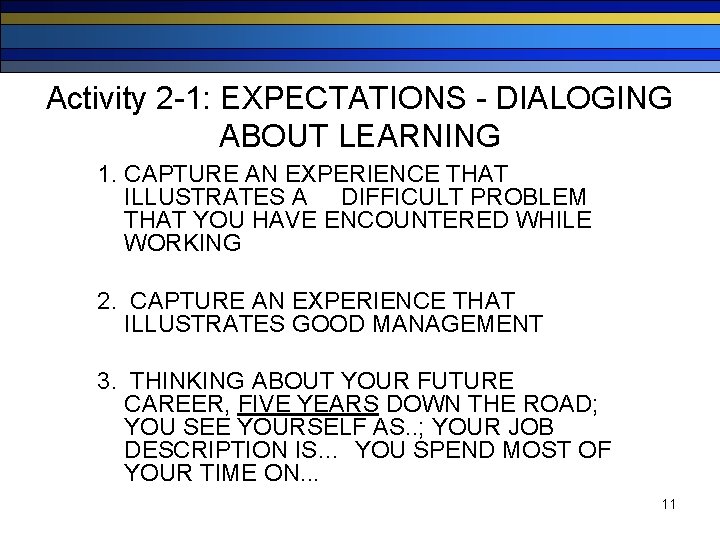 Activity 2 -1: EXPECTATIONS - DIALOGING ABOUT LEARNING 1. CAPTURE AN EXPERIENCE THAT ILLUSTRATES