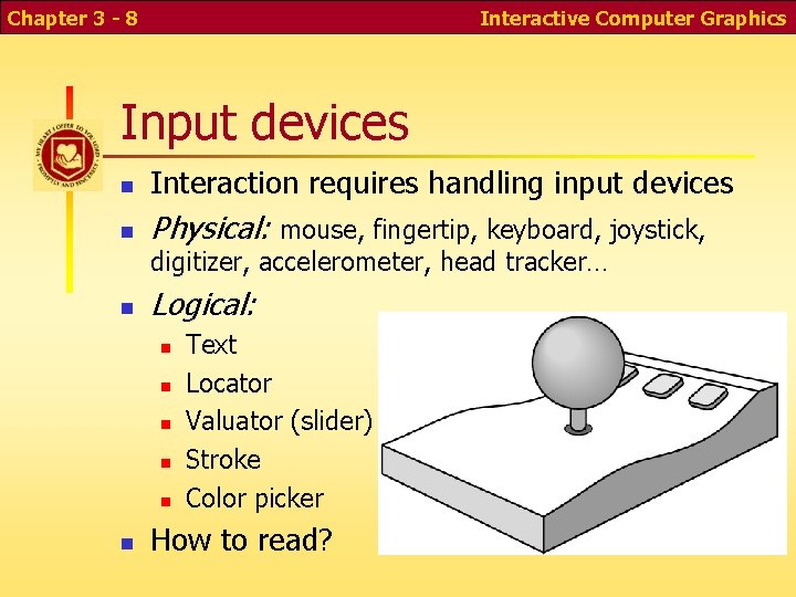 Chapter 3 - 8 Interactive Computer Graphics Input devices n Interaction requires handling input Chapter 3 - 8 Interactive Computer Graphics Input devices n Interaction requires handling input