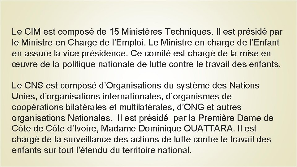 Le CIM est composé de 15 Ministères Techniques. Il est présidé par le Ministre