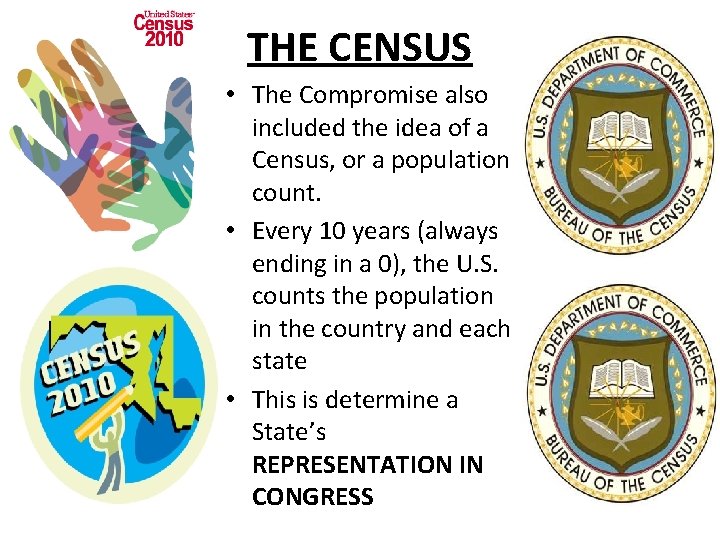 THE CENSUS • The Compromise also included the idea of a Census, or a THE CENSUS • The Compromise also included the idea of a Census, or a