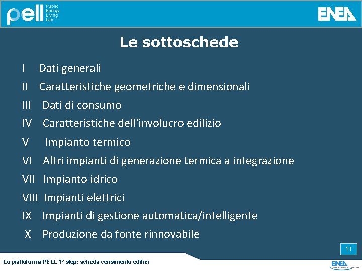 Le sottoschede I Dati generali II Caratteristiche geometriche e dimensionali III Dati di consumo