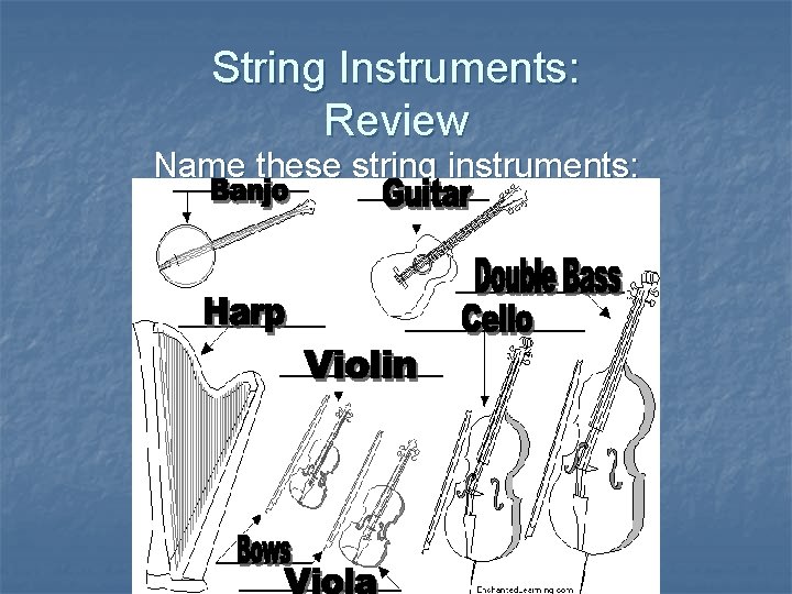 String Instruments: Review Name these string instruments: 