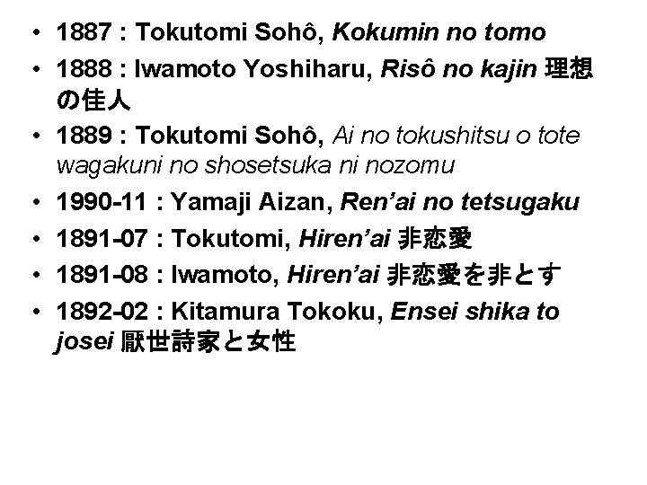  • 1887 : Tokutomi Sohô, Kokumin no tomo • 1888 : Iwamoto Yoshiharu,