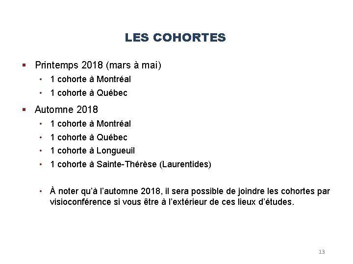 LES COHORTES § Printemps 2018 (mars à mai) • 1 cohorte à Montréal • LES COHORTES § Printemps 2018 (mars à mai) • 1 cohorte à Montréal •