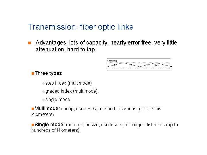 Transmission: fiber optic links n Advantages: lots of capacity, nearly error free, very little