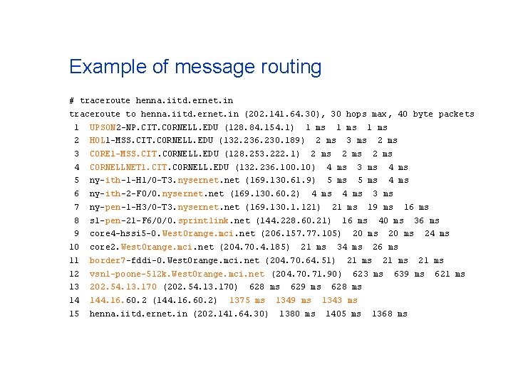 Example of message routing # traceroute henna. iitd. ernet. in traceroute to henna. iitd.