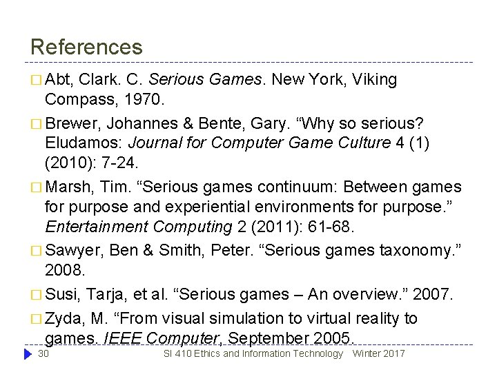References � Abt, Clark. C. Serious Games. New York, Viking Compass, 1970. � Brewer,