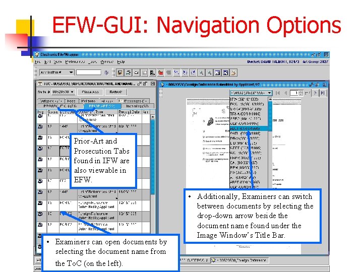 EFW-GUI: Navigation Options Prior-Art and Prosecution Tabs found in IFW are also viewable in