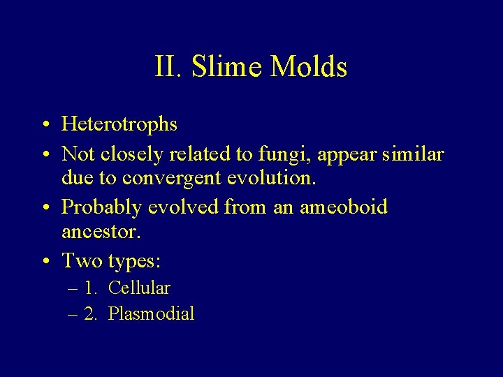 II. Slime Molds • Heterotrophs • Not closely related to fungi, appear similar due