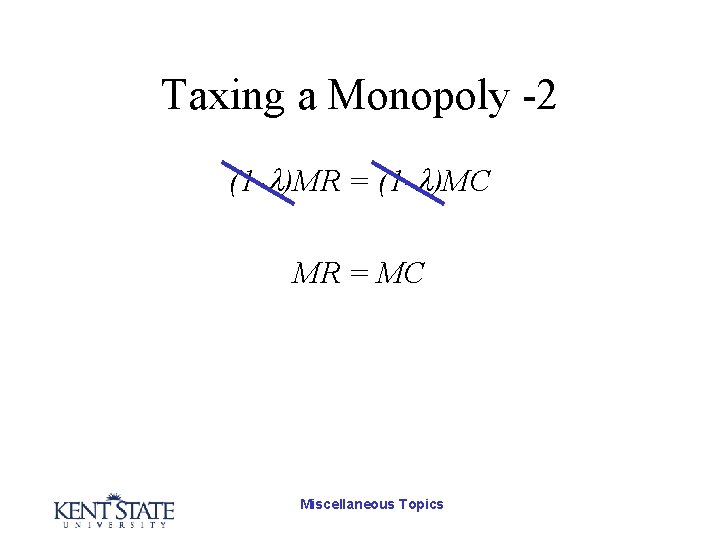 Taxing a Monopoly -2 (1 - )MR = (1 - )MC MR = MC